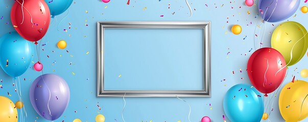 Light blue background featuring a silver frame surrounded by colorful balloons and confetti, ideal for text or decoration.