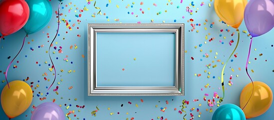 Light blue background featuring a silver frame surrounded by colorful balloons and confetti, perfect for text or decoration.