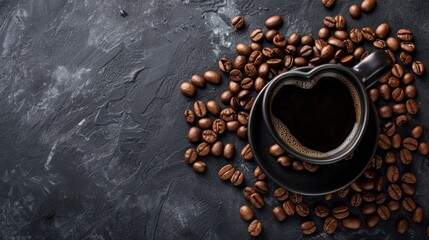 Wall Mural - Heart shaped black coffee mug with coffee beans on dark background for inscription Top view