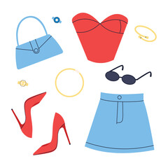 Stylish female summer outfit: top, corset, skirt, shoes, jewelry, bag, glasses. Vector illustration of clothes in cartoon style