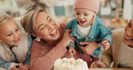 Wall Mural - Birthday cake, home and mother with children, granny and happiness with celebration, smile and joyful. Sweet treat, apartment and family with parent, kids and excited with fun, cheerful and party