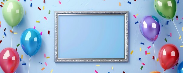 Light blue background with a silver frame, colorful balloons, and confetti, ideal for text or decoration.