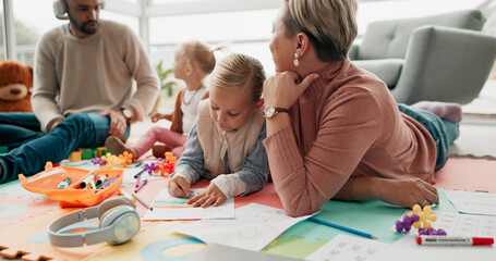 Poster - Parents, children and drawing for education on floor with family bonding, learning art and teaching creativity. Woman, man and kids for paper of sketch, writing activity and development at house