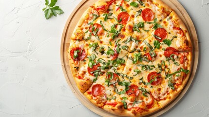 Wall Mural - Delicious pizza on wooden board against gray backdrop from above