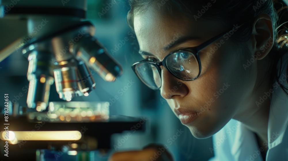 Scientist examining a petri dish sample under a microscope in a ...