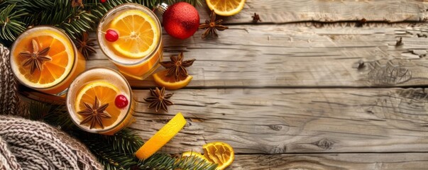 Christmas winter cozy drink, cinnamon, pine cone, orange slice on old wood background. Cozy New Year composition with copy space. Hot drink concept. Flat lay, top view