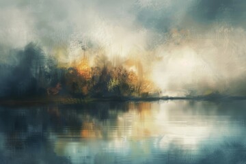 Wall Mural - A painting featuring a body of water with trees in the background, rendered in soft blurred strokes, Create a blend of soft, blurred strokes that mimic the look of a brush on canvas