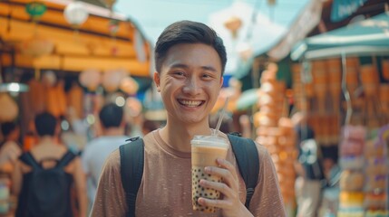 Joyful Asian tourist drinking bubble tea on vibrant market street