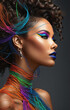 © Christoph Burgstedt - Conceptual representation of the head of a woman or fashion model with very colorful makeup, graphic objects and lines in an illustrative style - ai generated