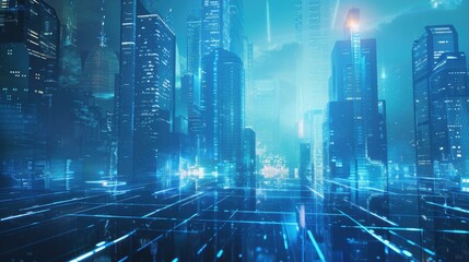 Wall Mural - futuristic cityscape with glowing blue lines at night