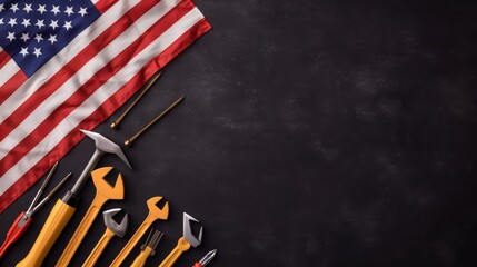 Honoring Labor Day. American flag surrounded by construction tools on black table background