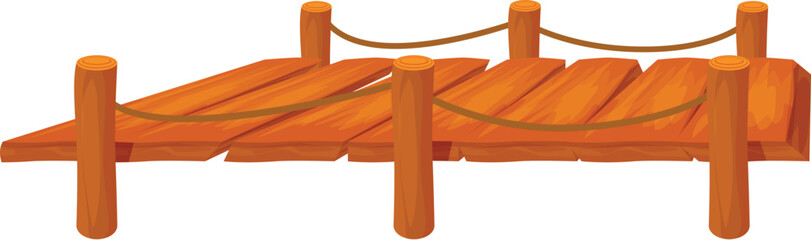 Wooden pier with ropes connecting land with water on white background