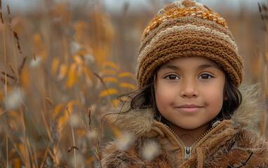 Wall Mural - A young girl wearing a brown hat and a brown coat is smiling. She is standing in a field of tall grass