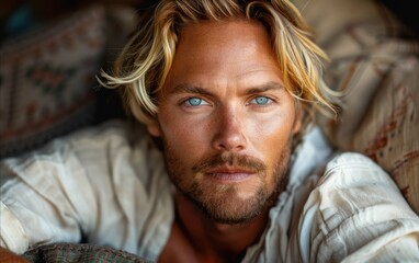 Wall Mural - A man with a beard and blue eyes is sitting on a bed. He is wearing a white shirt