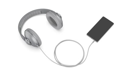 Wall Mural - Big wired headphones and a smartphone on a white background
