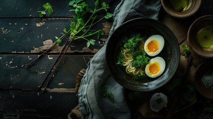 Poster - Chicken pendant with noodles Chicken broth hard boiled egg buckwheat noodles and fresh herbs