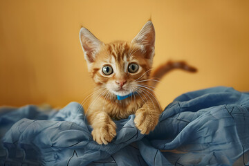 Wall Mural - superhero cute red kitten on plain studio background