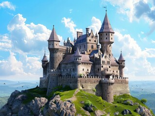 Enchanting castle perched on a hilltop, with a simple background of rolling countryside and blue sky, ideal for a fairytale travel destination 