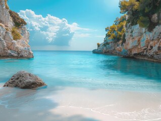 Wall Mural - High-resolution photo of a Mediterranean cove with crystal-clear waters and dramatic cliffs, set against a plain backdrop to emphasize the pristine and untouched beauty 