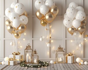 Minimalist room featuring white and gold balloons on the wall, floor lanterns, gifts on the ground, and lights garland, in a modern interior design.