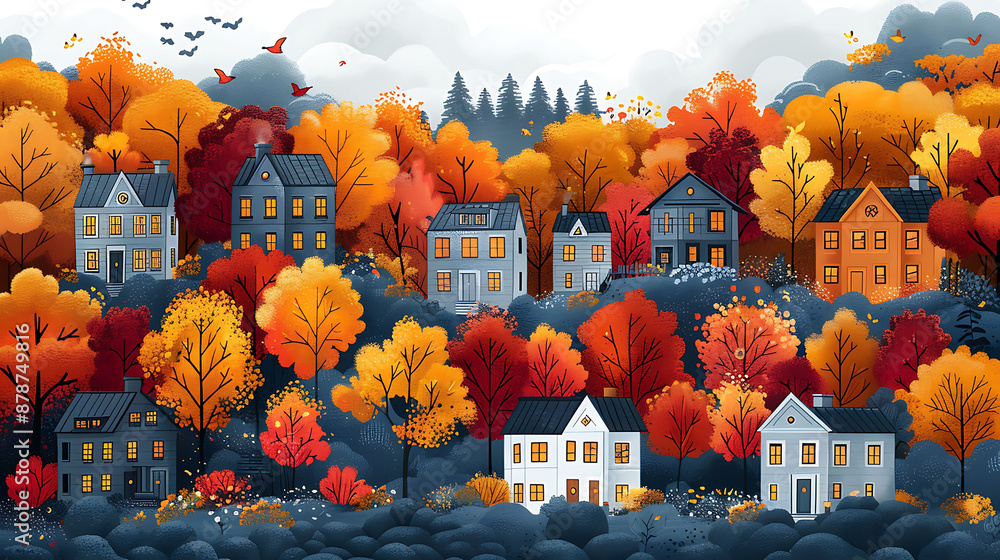 Vibrant illustration of a Neighborhood View showing various homes ...