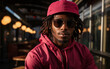 © imagineRbc - A man with dreadlocks and sunglasses is wearing a red hat and a red hoodie. He is sitting at a table in a restaurant