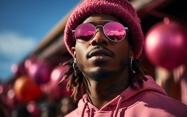 Wall Mural - A man wearing a pink hat and sunglasses. He is standing in front of a pink wall