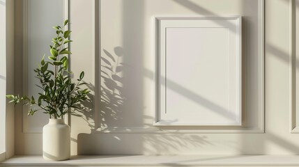 Wall Mural - Blank white picture frame hanging on a wall, ready for your artwork or photo.