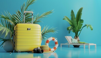 Wall Mural - 3d render of yellow suitcase with beach hat, camera and swimming ring on it