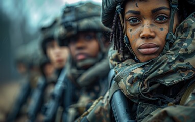 A woman in a military uniform is standing with her back to the camera. She is wearing a camouflage jacket and a helmet