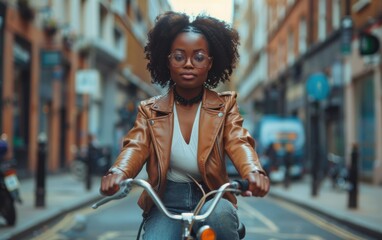Wall Mural - A woman in a leather jacket rides a bicycle down a city street. The scene is urban and lively, with various vehicles and people around her