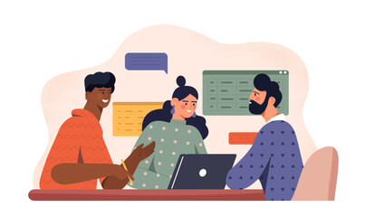 Office workers communicate. Men and woman with laptop discussing business project or task. Brainstorming and conversation, discussion. Organizing efficient workflow. Flat vector illustration