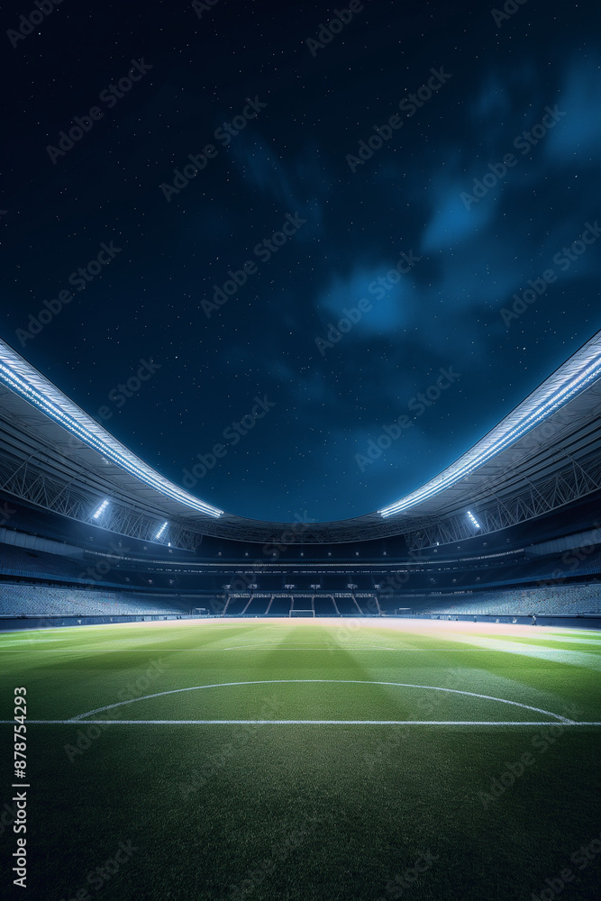 Empty stadium at night with illuminated field and seating areas under ...