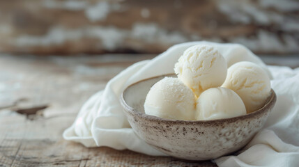 Poster - Close up studio photo of coconut ice cream scoops in a ceramic bowl on an old brown table with a Sicilian rustic background and copy space.