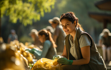 Wall Mural - A woman is smiling while sitting on the ground next to a pile of trash bags. She is wearing a green glove and a green vest