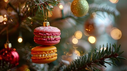 Colorful Macarons Decorated Christmas Tree with Festive Lights