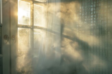 A tranquil morning bathroom scene, with sunlight piercing the foggy shower glass and steam swirling gently