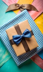 Poster - Father's Day concept. Top view photo of craft paper giftbox with silk ribbon bow and postcard on color background