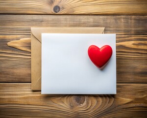 Wall Mural - Mother's Day decorations concept. Top view photo of white invitation card with red heart shape paper on wood table