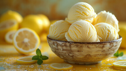 Poster - Close up studio photo of lemon ice cream scoops in a ceramic bowl on an old table with a Sicilian rustic background and copy space.