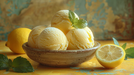 Wall Mural - Close up studio photo of lemon ice cream scoops in a ceramic bowl on an old table with a Sicilian rustic background and copy space.