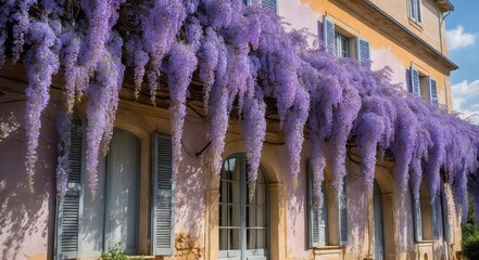 Wisteria flowers hanging over an old house