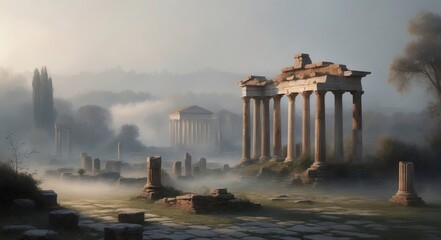 Canvas Print - A view of ancient Roman ruins covered in a thick fog at sunrise