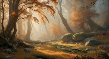 Wall Mural - Sunlight peeks through a misty forest, illuminating fallen leaves and a winding stream