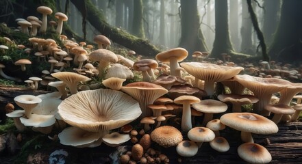 Sticker - Many mushrooms of various sizes grow on a fallen log in a misty forest