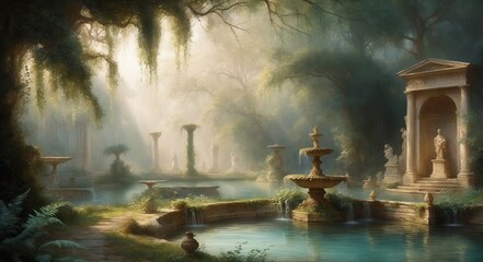 Wall Mural - A serene, overgrown garden with a fountain and ancient stone ruins