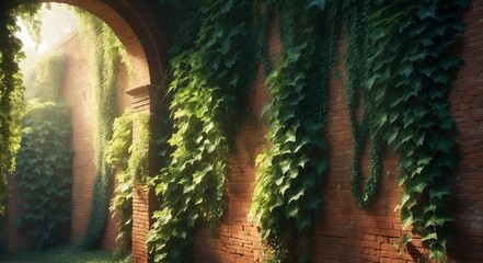 Poster - Sunlight shines through vines growing on a red brick wall