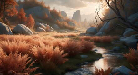 Canvas Print - Stream flows through grassy valley with boulders as sun sets