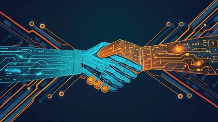 Digital handshake between two robotic arms on a circuit board background