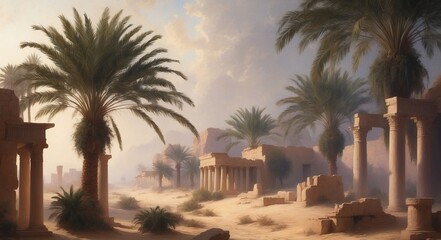 Wall Mural - Ruins of a temple in a desert landscape with palm trees